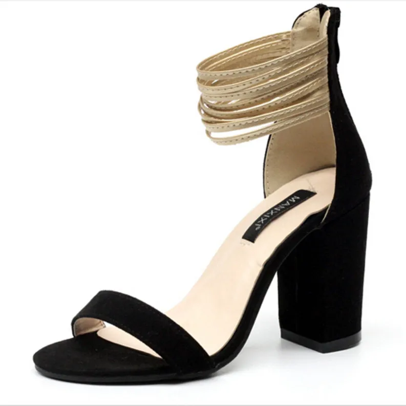 Back Zipper Ankle Wrap Open Toe Chunky High Heels Sandals