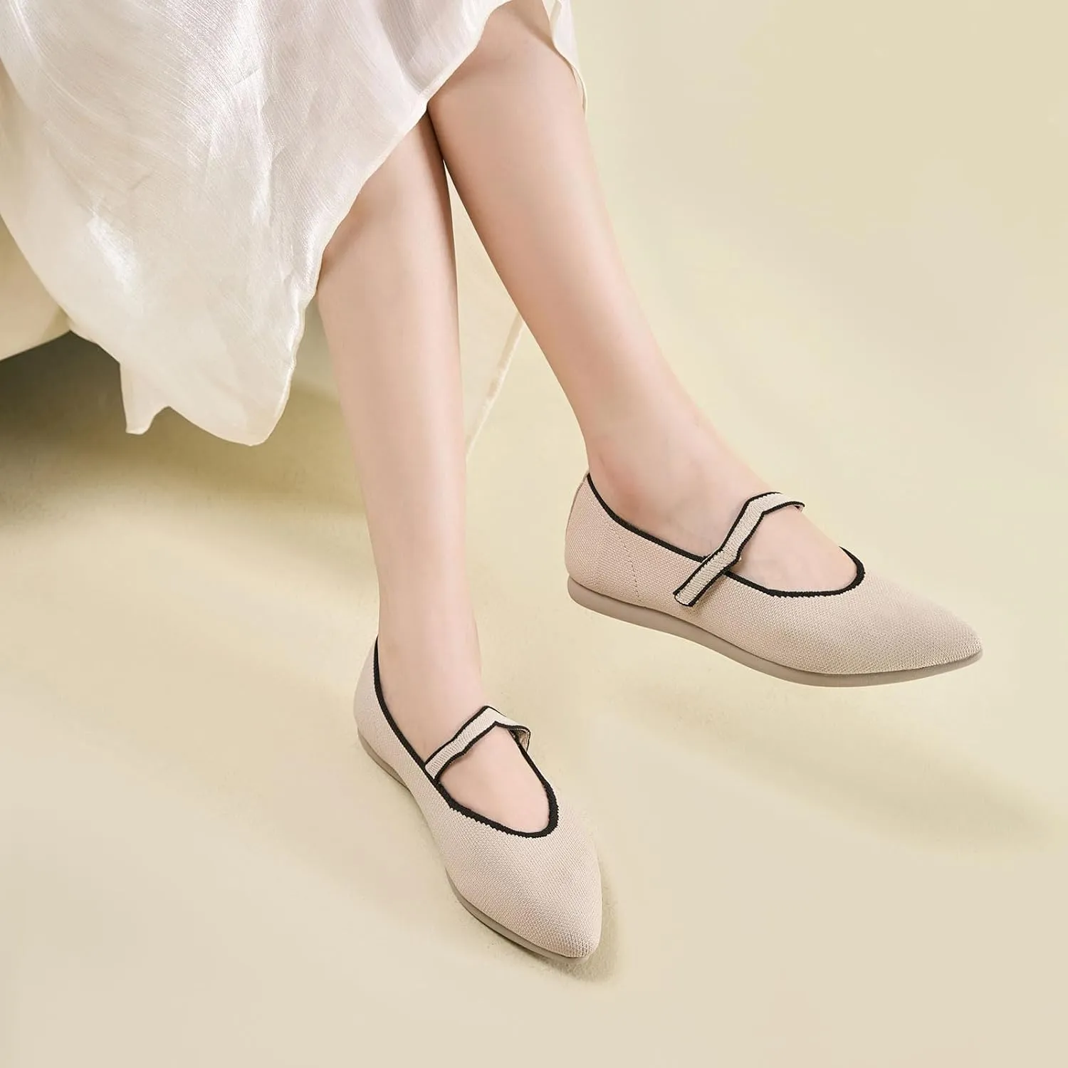 Ballet Flats for Women Pointed Toe Knit Mary Jane Shoes Comfortable Dressy Adjustable Straps Flat