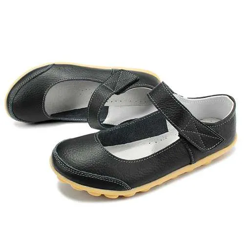 Big Size Women Soft Leather Breathable Comfy Flat Shoes Buckle Round Toe Flats