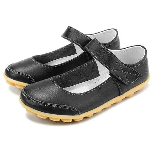 Big Size Women Soft Leather Breathable Comfy Flat Shoes Buckle Round Toe Flats
