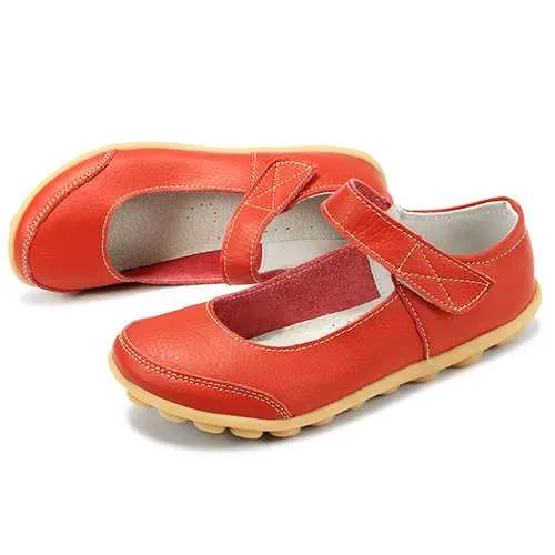 Big Size Women Soft Leather Breathable Comfy Flat Shoes Buckle Round Toe Flats