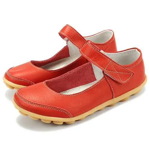 Big Size Women Soft Leather Breathable Comfy Flat Shoes Buckle Round Toe Flats