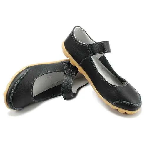 Big Size Women Soft Leather Breathable Comfy Flat Shoes Buckle Round Toe Flats