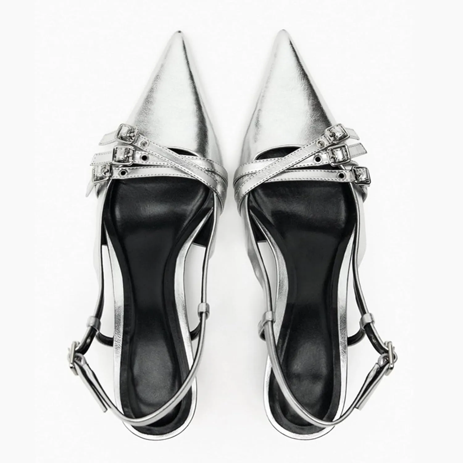 Fashion Kitten Heels for Women Metallic Slingback Buckle Heels