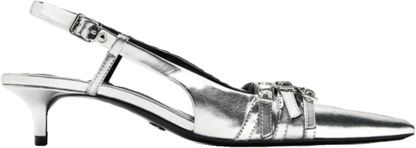 Fashion Kitten Heels for Women Metallic Slingback Buckle Heels