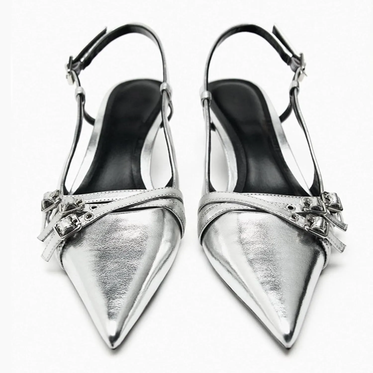 Fashion Kitten Heels for Women Metallic Slingback Buckle Heels