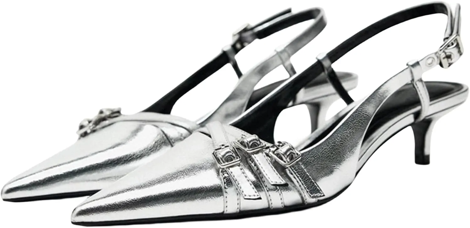 Fashion Kitten Heels for Women Metallic Slingback Buckle Heels
