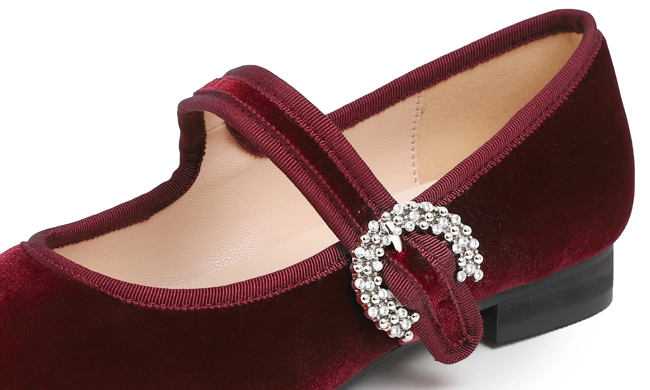 Feversole Women's Mary Jane Fashion Square Toe Easy Buckle Low Heel Slip On Flats Velvet Rhinestone