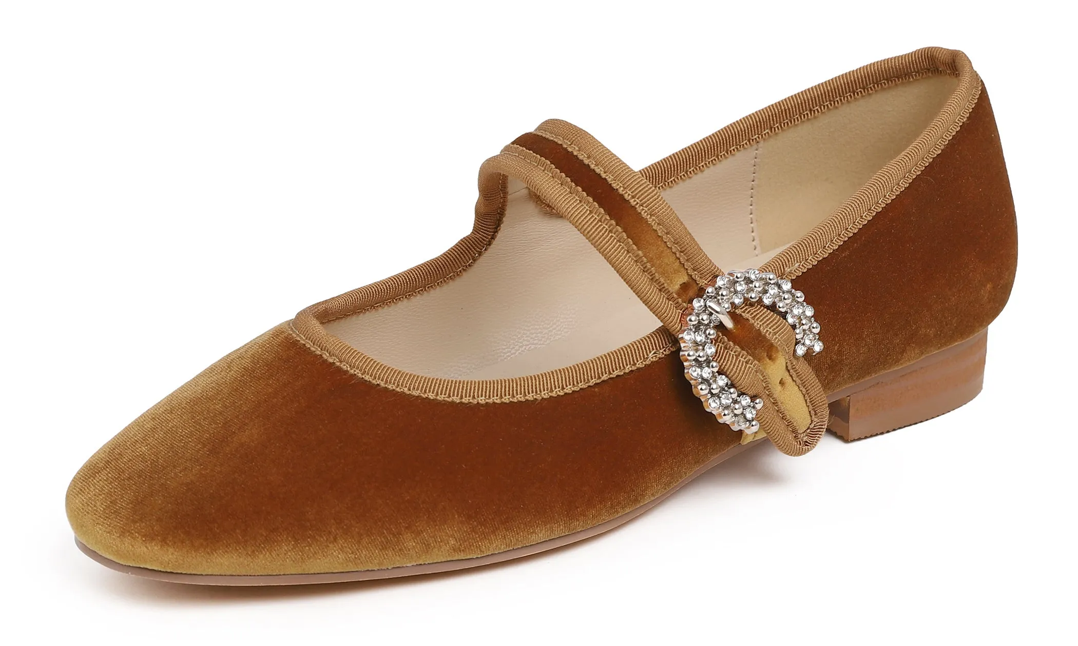 Feversole Women's Mary Jane Fashion Square Toe Easy Buckle Low Heel Slip On Flats Velvet Rhinestone