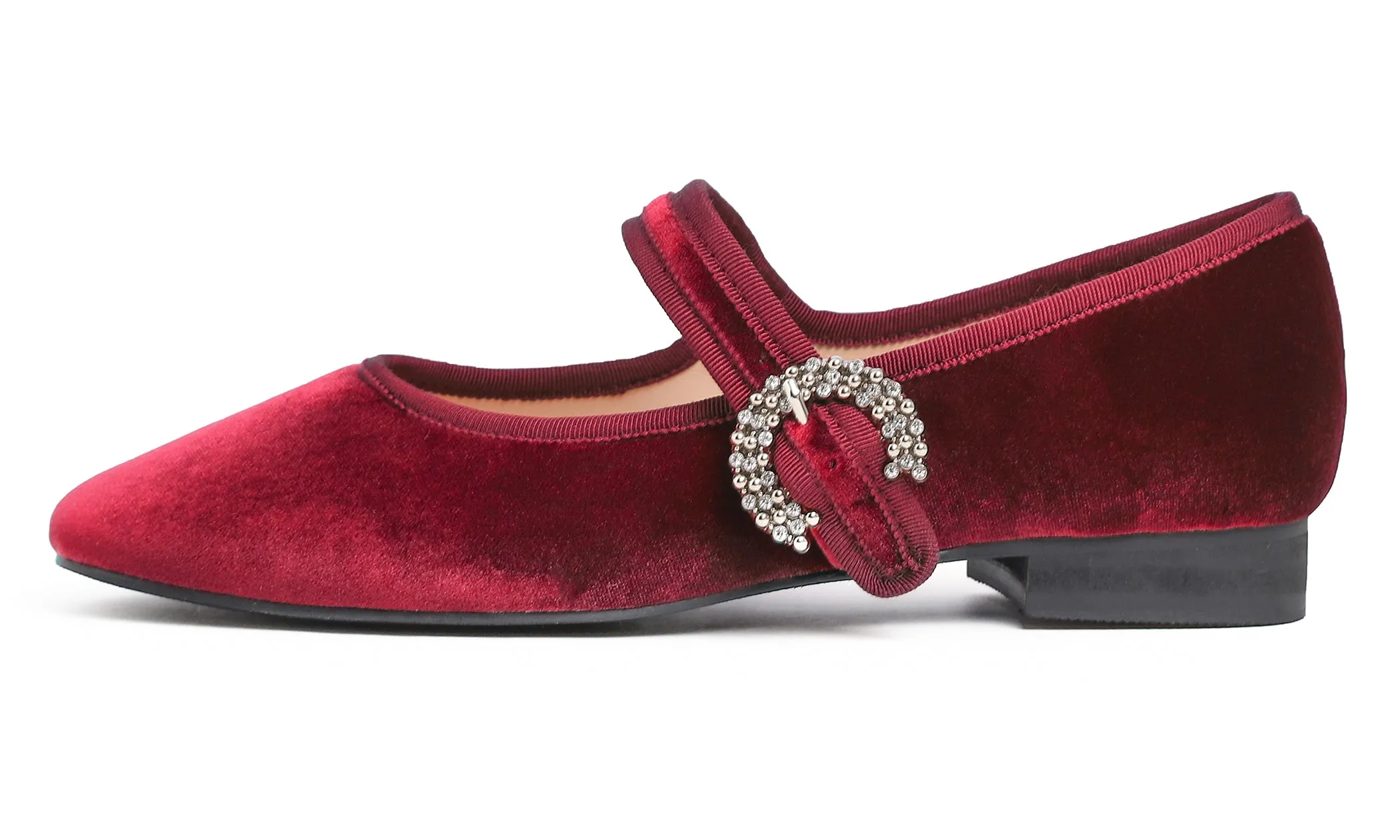 Feversole Women's Mary Jane Fashion Square Toe Easy Buckle Low Heel Slip On Flats Velvet Rhinestone
