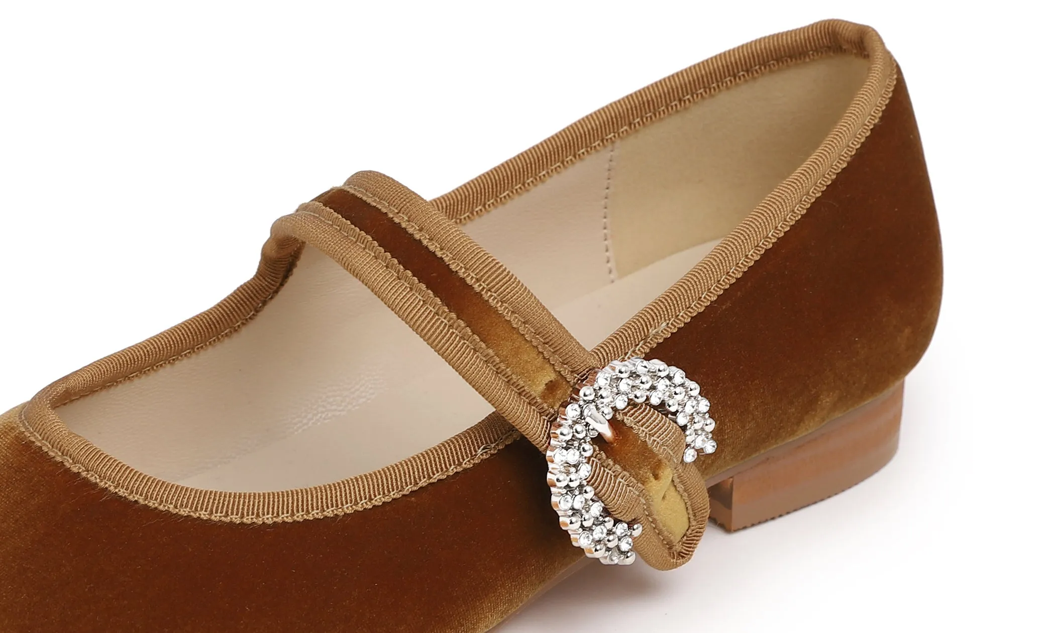 Feversole Women's Mary Jane Fashion Square Toe Easy Buckle Low Heel Slip On Flats Velvet Rhinestone