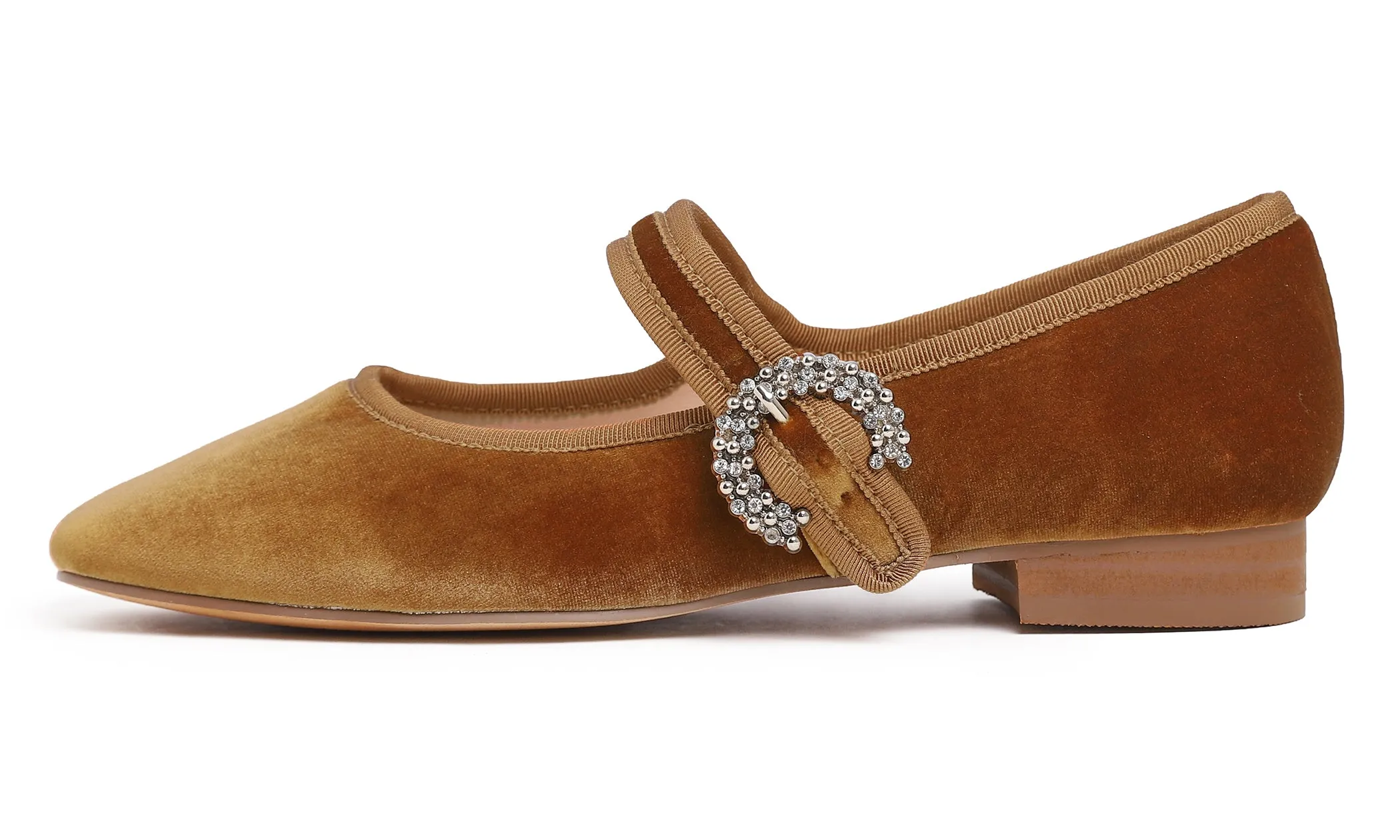 Feversole Women's Mary Jane Fashion Square Toe Easy Buckle Low Heel Slip On Flats Velvet Rhinestone