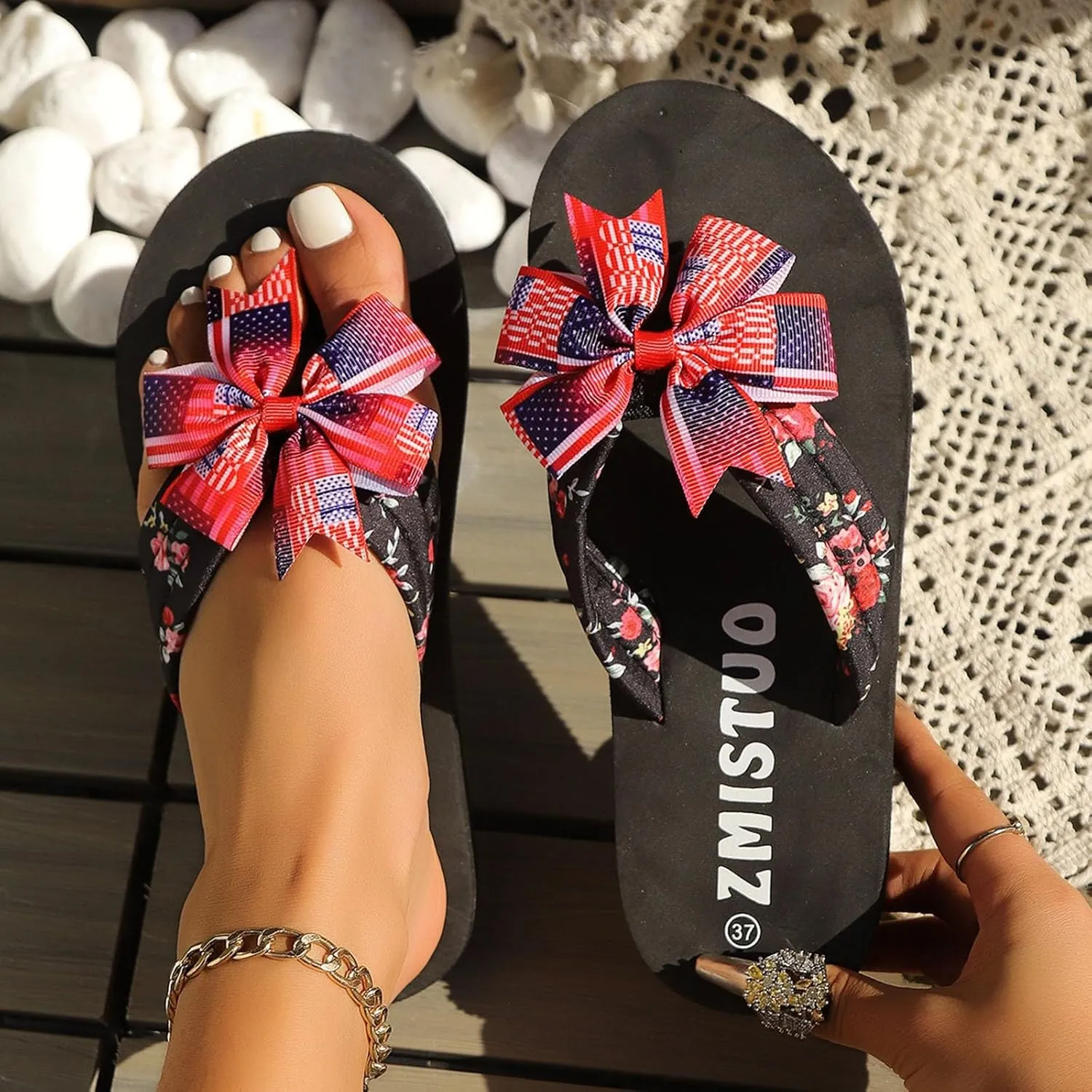 Flip Flops for Women Casual Thong Ladies Sandals Comfort Open Toe Soft Beach Sandals Indoor Outdoor Patriotic Slides