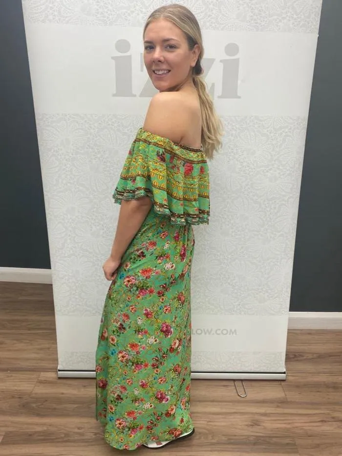 Inoa Chartreuse Frill Neck Silk Maxi Dress