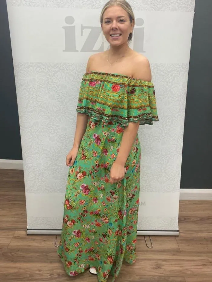 Inoa Chartreuse Frill Neck Silk Maxi Dress