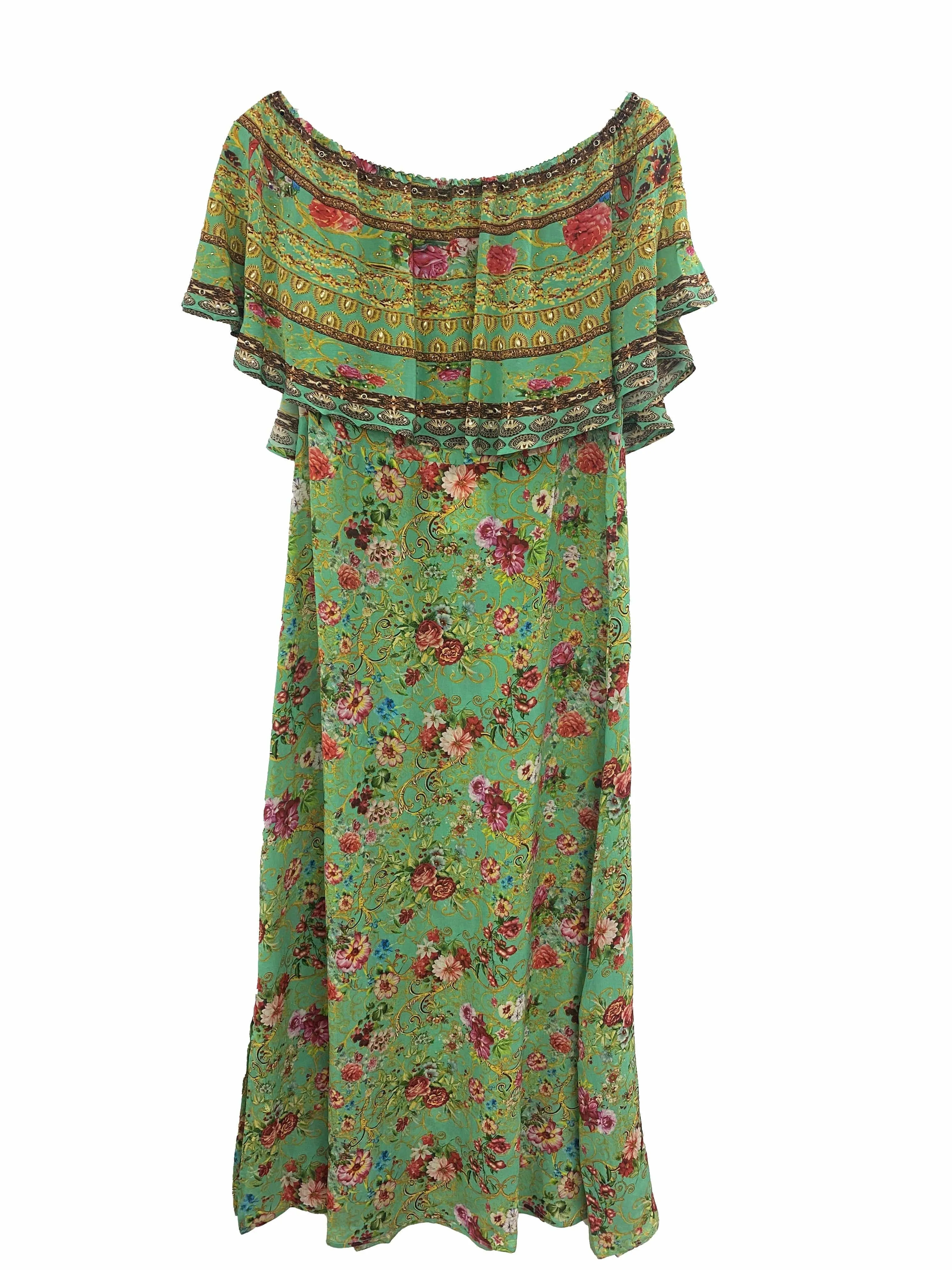 Inoa Chartreuse Frill Neck Silk Maxi Dress