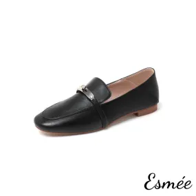 Leather Loafers with Silver Plated Metal Buckle