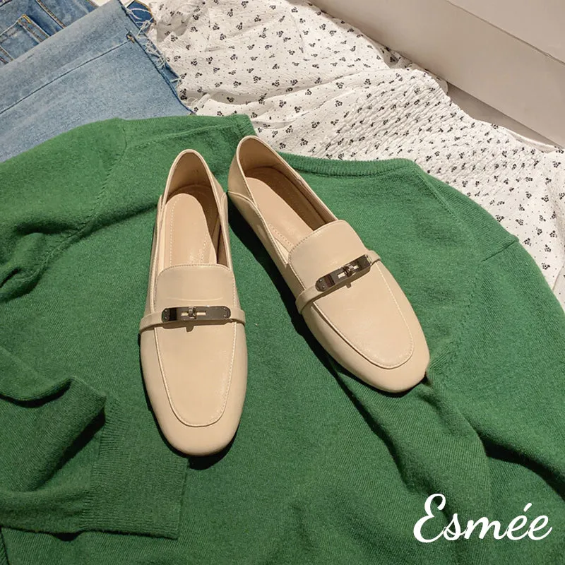 Leather Loafers with Silver Plated Metal Buckle