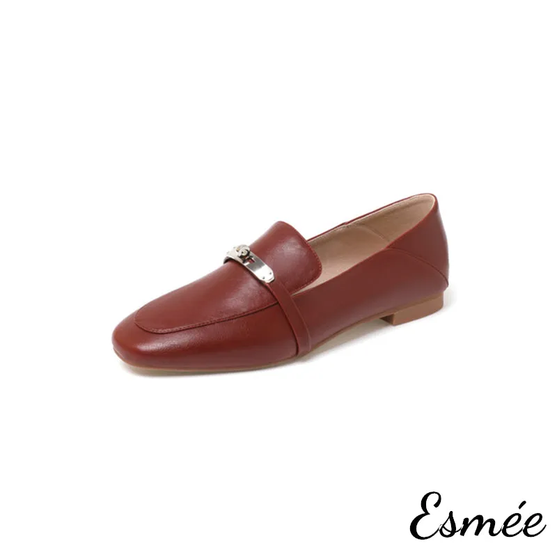 Leather Loafers with Silver Plated Metal Buckle