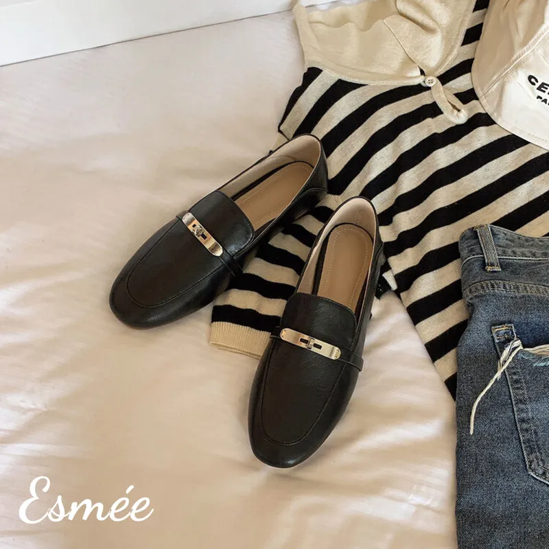 Leather Loafers with Silver Plated Metal Buckle