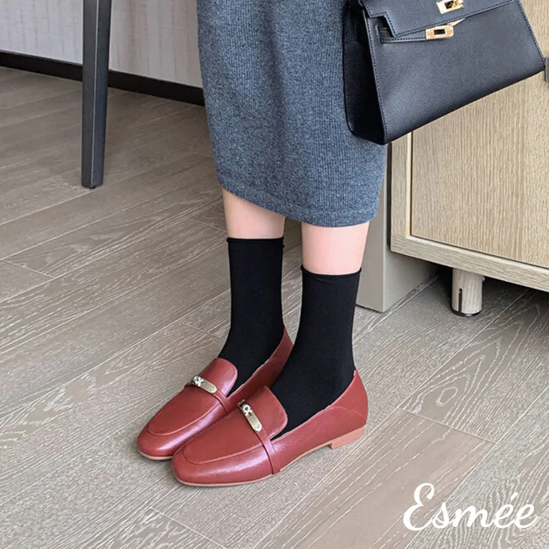 Leather Loafers with Silver Plated Metal Buckle