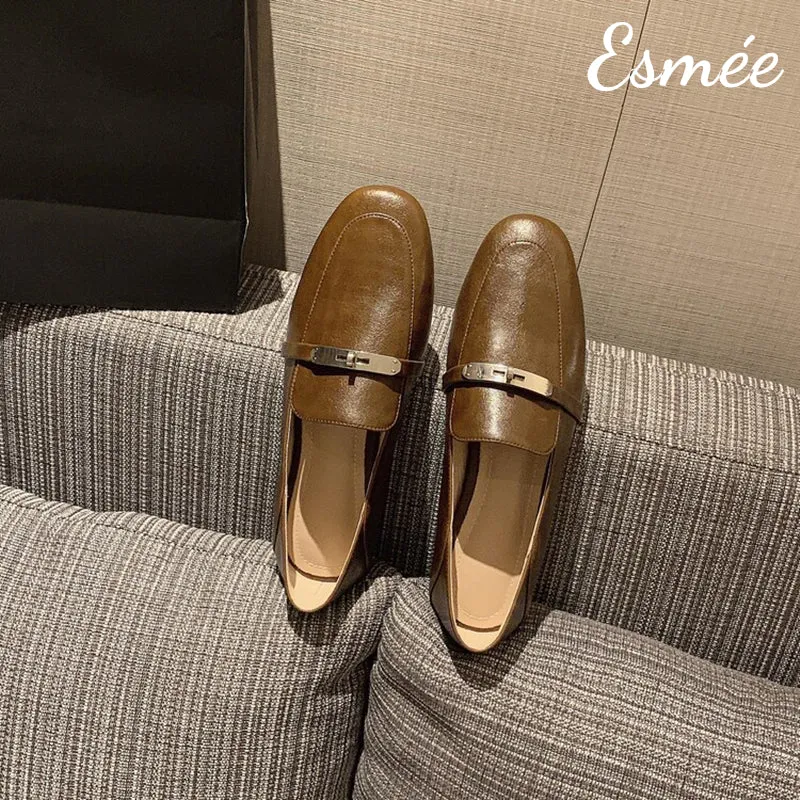 Leather Loafers with Silver Plated Metal Buckle