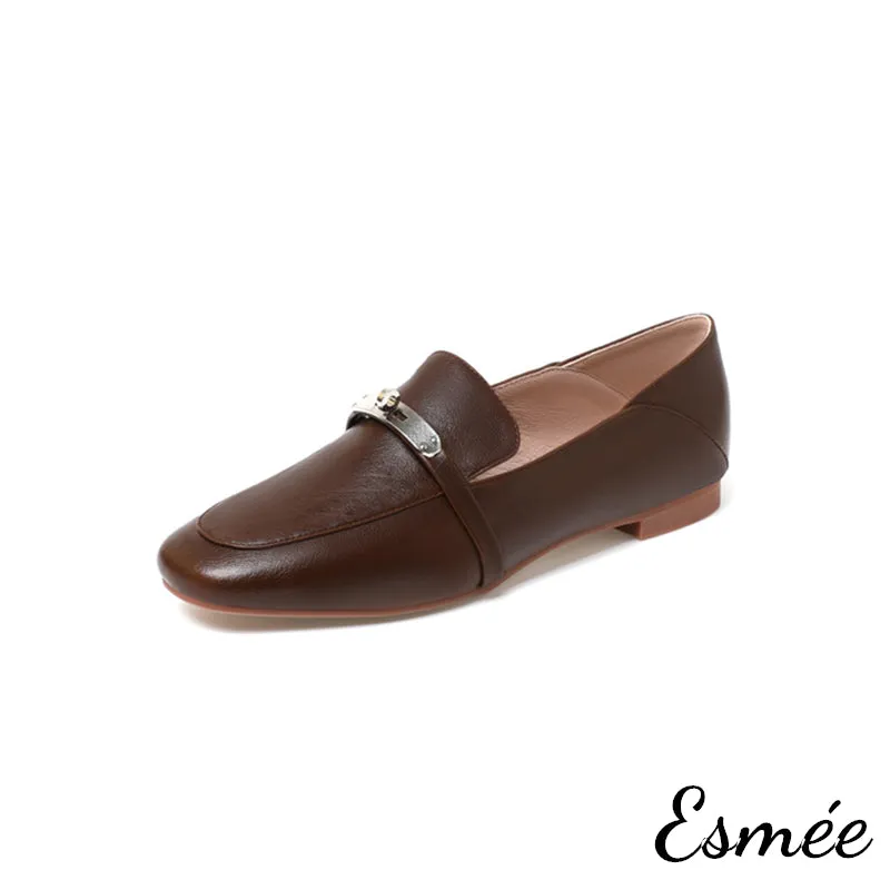 Leather Loafers with Silver Plated Metal Buckle