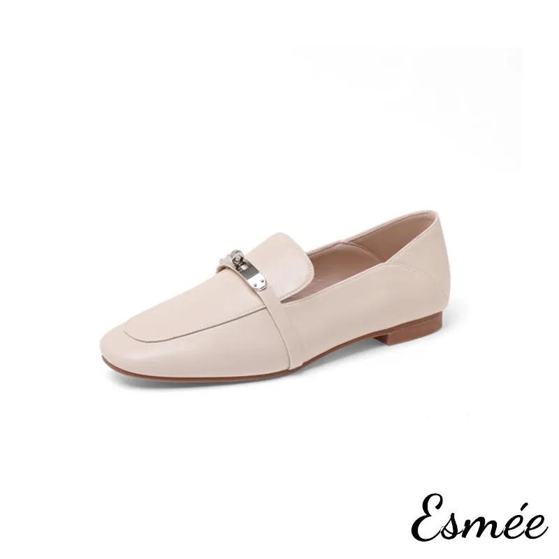 Leather Loafers with Silver Plated Metal Buckle