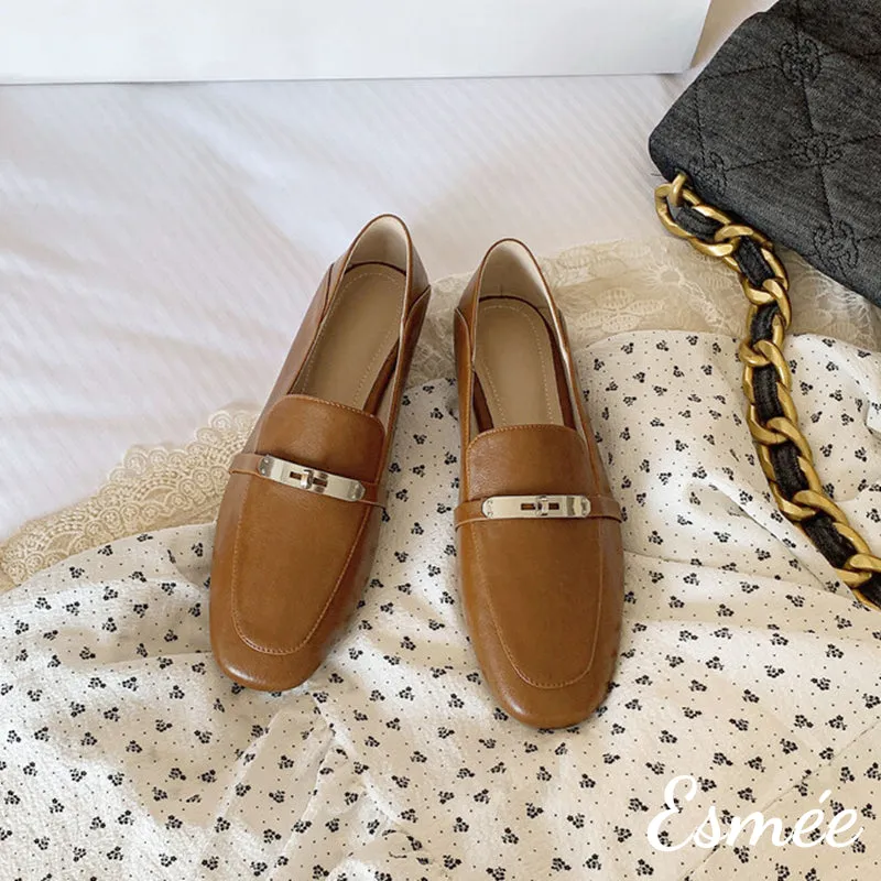 Leather Loafers with Silver Plated Metal Buckle