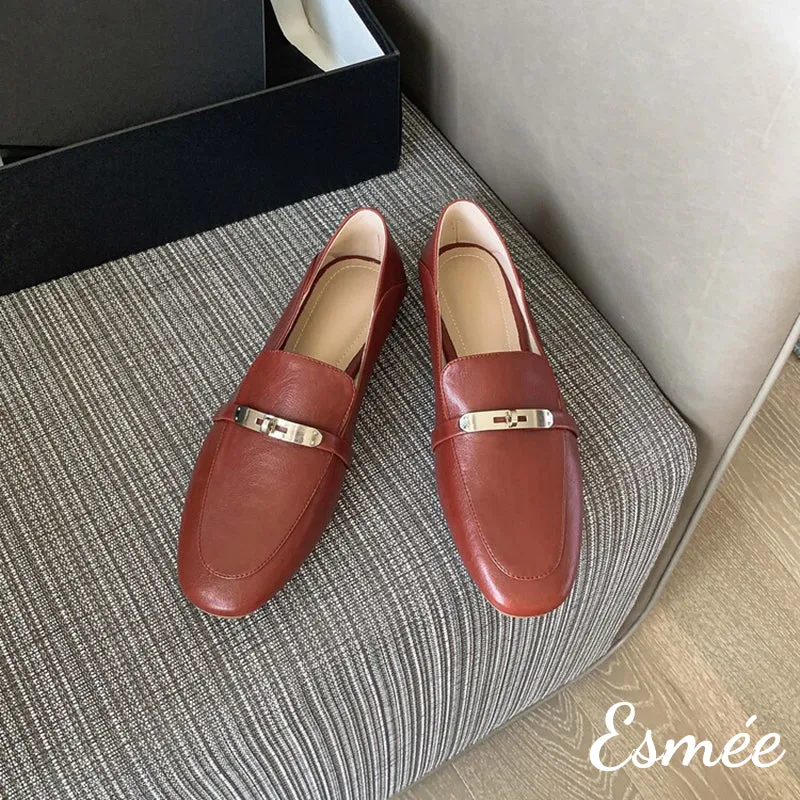 Leather Loafers with Silver Plated Metal Buckle