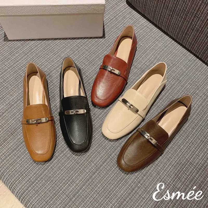 Leather Loafers with Silver Plated Metal Buckle
