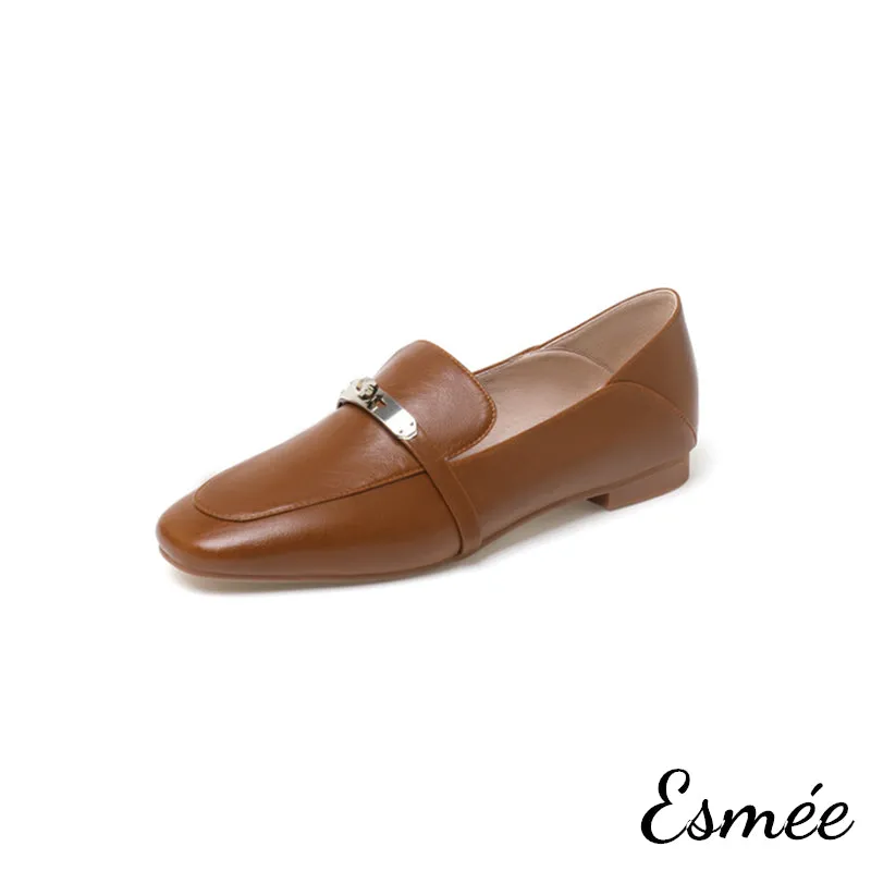 Leather Loafers with Silver Plated Metal Buckle
