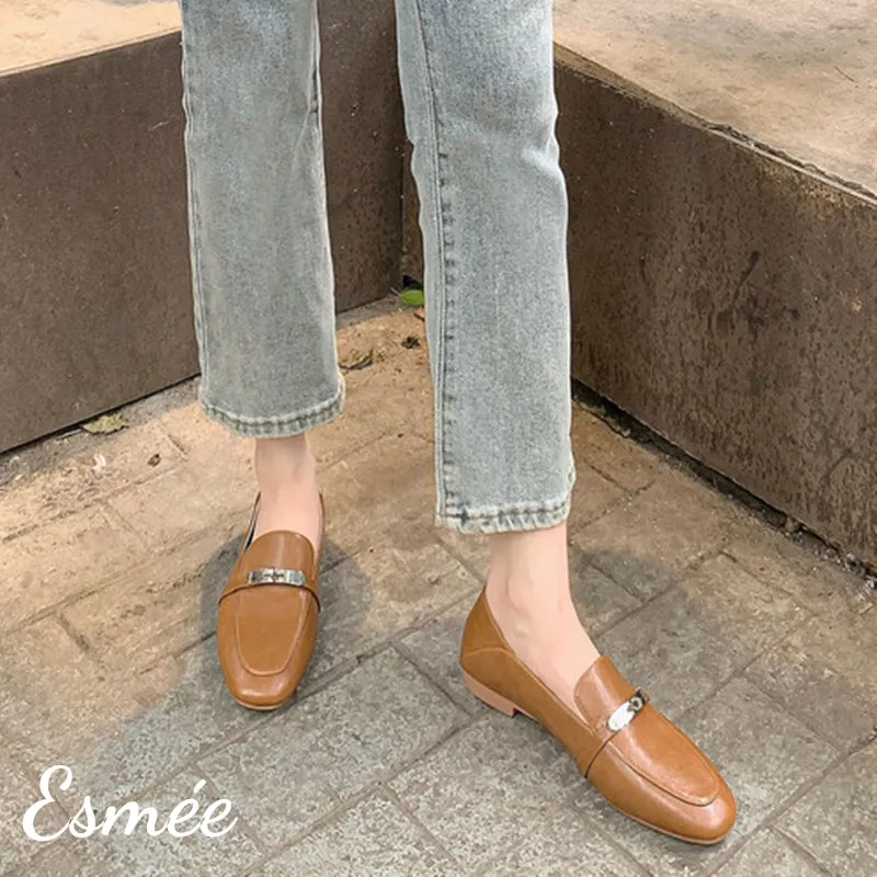 Leather Loafers with Silver Plated Metal Buckle