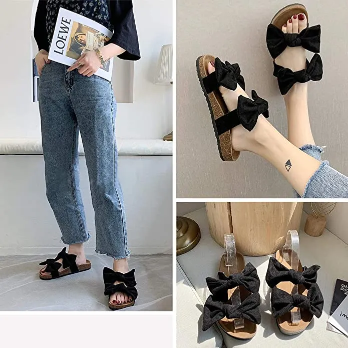 Leopard Bow Knot Suede Leather Soft Cork Slip On Sandals