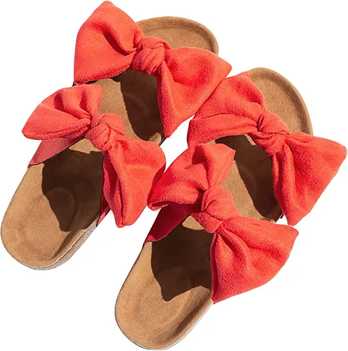 Leopard Bow Knot Suede Leather Soft Cork Slip On Sandals