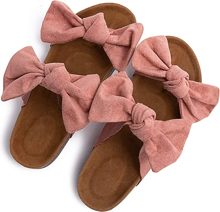 Leopard Bow Knot Suede Leather Soft Cork Slip On Sandals