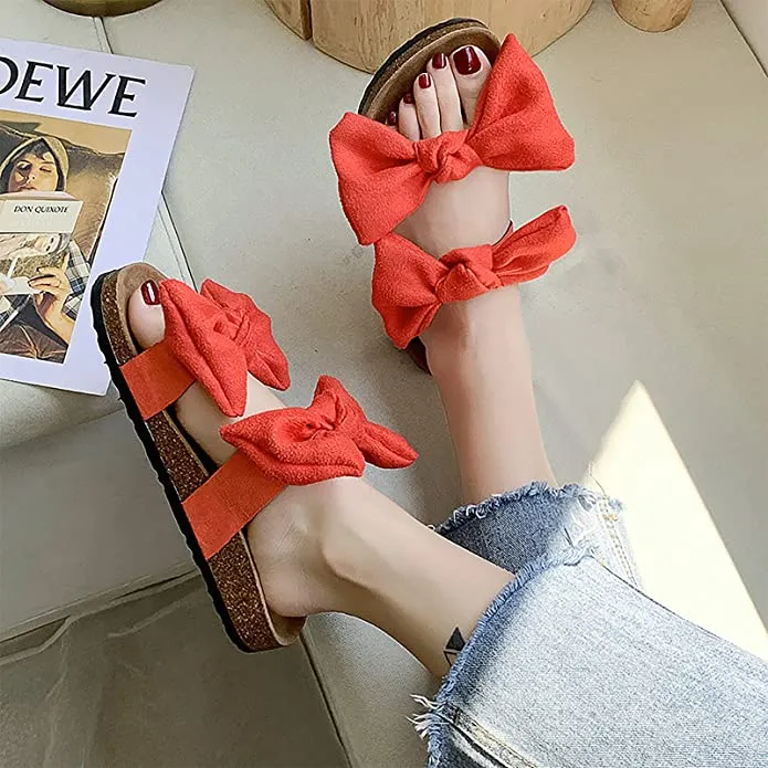 Leopard Bow Knot Suede Leather Soft Cork Slip On Sandals