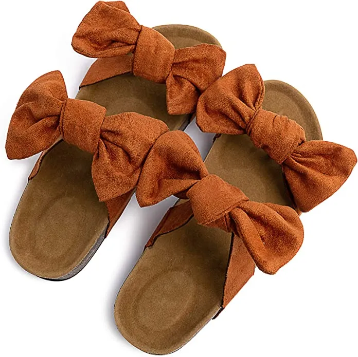 Leopard Bow Knot Suede Leather Soft Cork Slip On Sandals