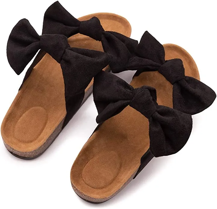Leopard Bow Knot Suede Leather Soft Cork Slip On Sandals