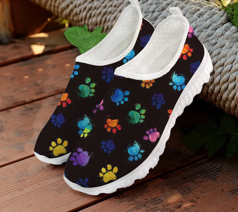 Mesh Women Casual Shoes Rainbow Color Dog Paw Pattern Printing Breathable Flats Female Slip On Sneakers Zapato Lady