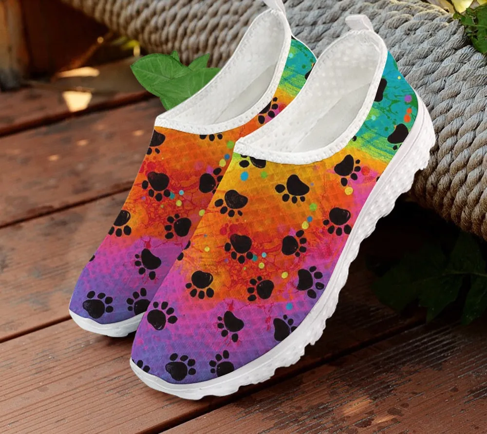 Mesh Women Casual Shoes Rainbow Color Dog Paw Pattern Printing Breathable Flats Female Slip On Sneakers Zapato Lady