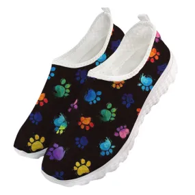 Mesh Women Casual Shoes Rainbow Color Dog Paw Pattern Printing Breathable Flats Female Slip On Sneakers Zapato Lady