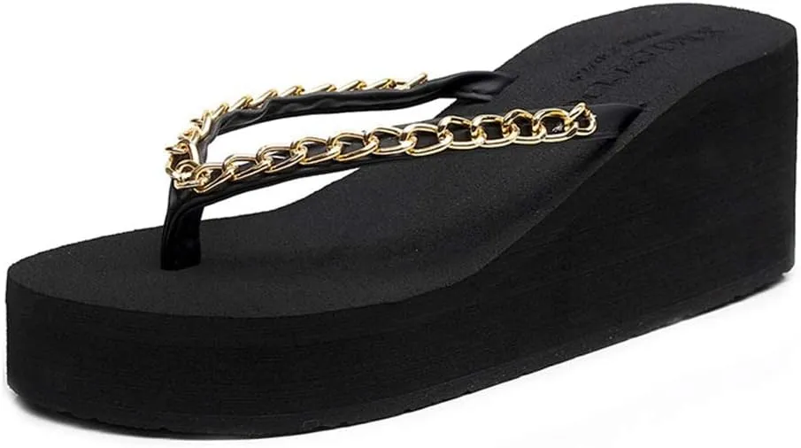 MIOKE Metallic Wedge Flipflops For Womens Trendy Summer High Heel Platform Nonslip Beach Thong Sandals