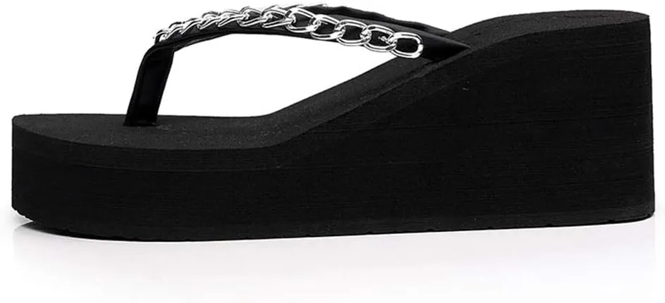 MIOKE Metallic Wedge Flipflops For Womens Trendy Summer High Heel Platform Nonslip Beach Thong Sandals