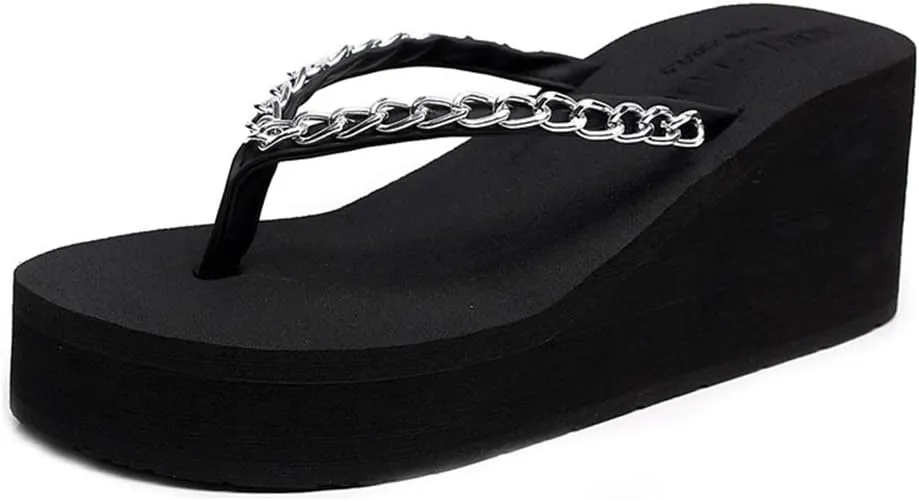 MIOKE Metallic Wedge Flipflops For Womens Trendy Summer High Heel Platform Nonslip Beach Thong Sandals