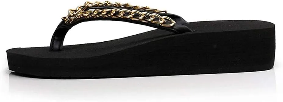 MIOKE Metallic Wedge Flipflops For Womens Trendy Summer High Heel Platform Nonslip Beach Thong Sandals
