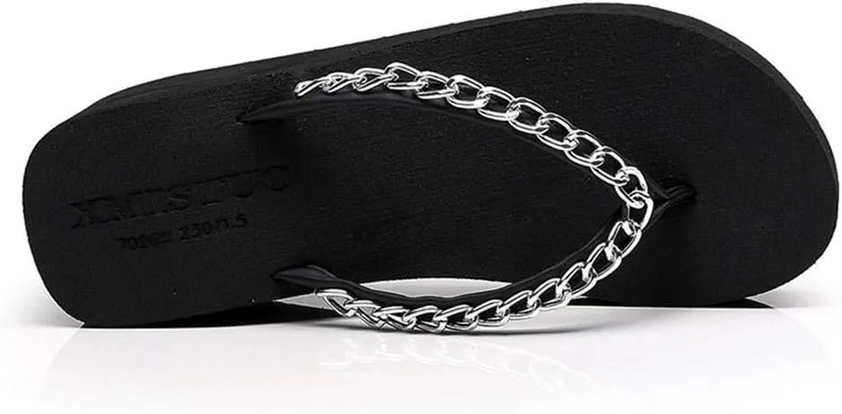 MIOKE Metallic Wedge Flipflops For Womens Trendy Summer High Heel Platform Nonslip Beach Thong Sandals