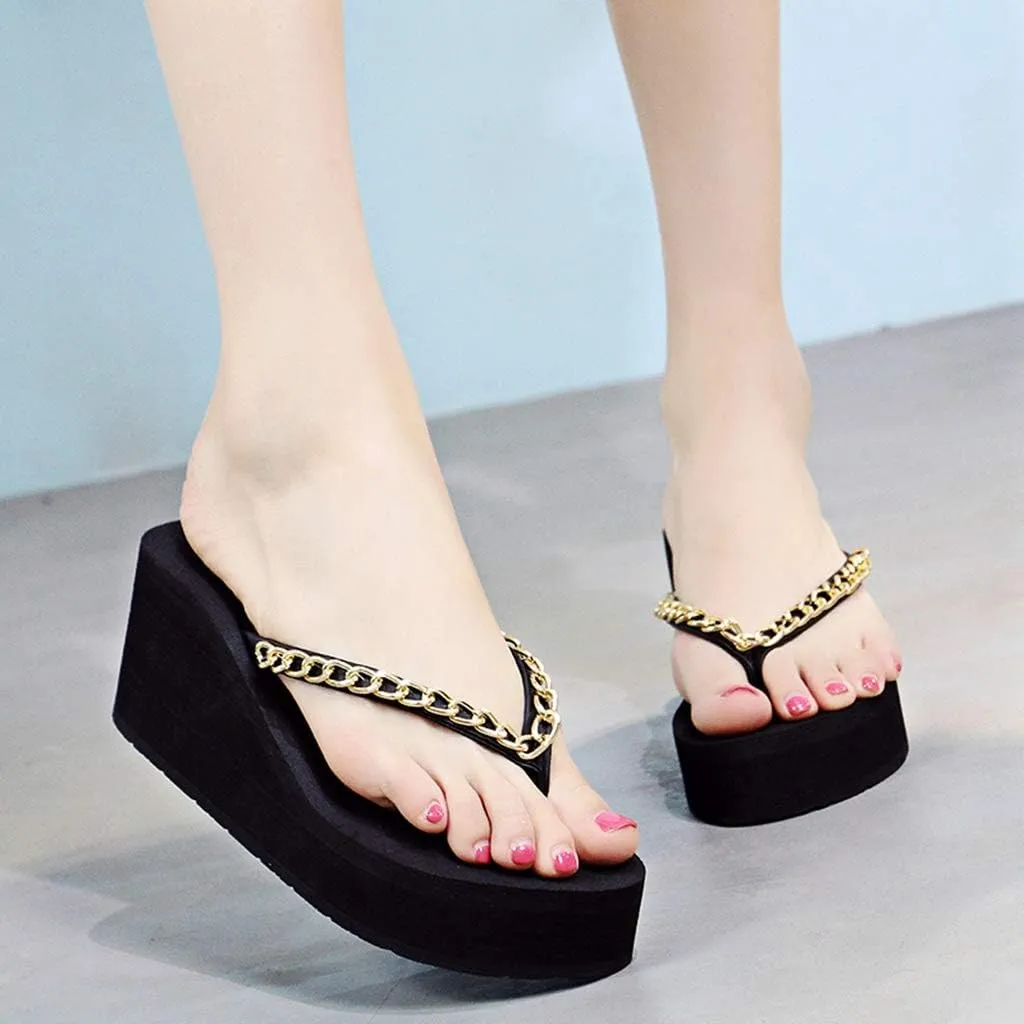 MIOKE Metallic Wedge Flipflops For Womens Trendy Summer High Heel Platform Nonslip Beach Thong Sandals