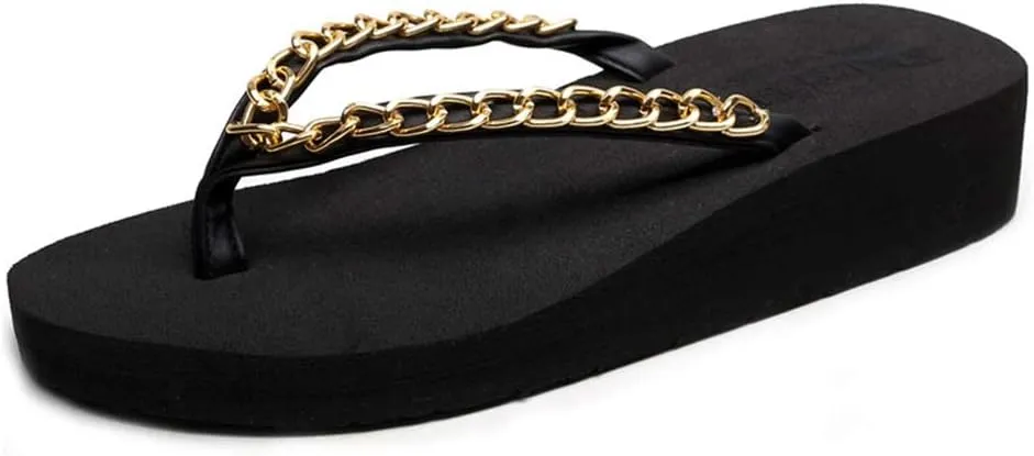 MIOKE Metallic Wedge Flipflops For Womens Trendy Summer High Heel Platform Nonslip Beach Thong Sandals