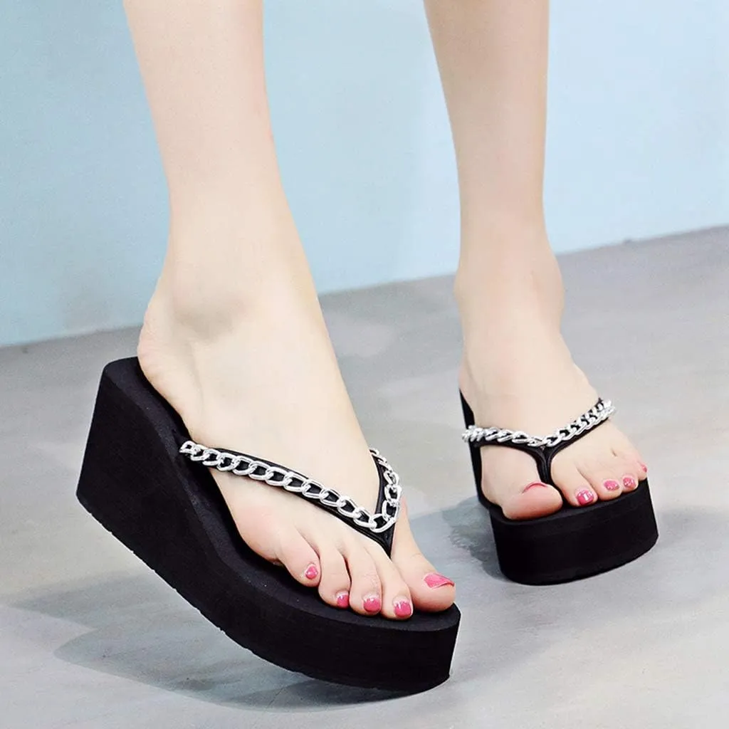 MIOKE Metallic Wedge Flipflops For Womens Trendy Summer High Heel Platform Nonslip Beach Thong Sandals